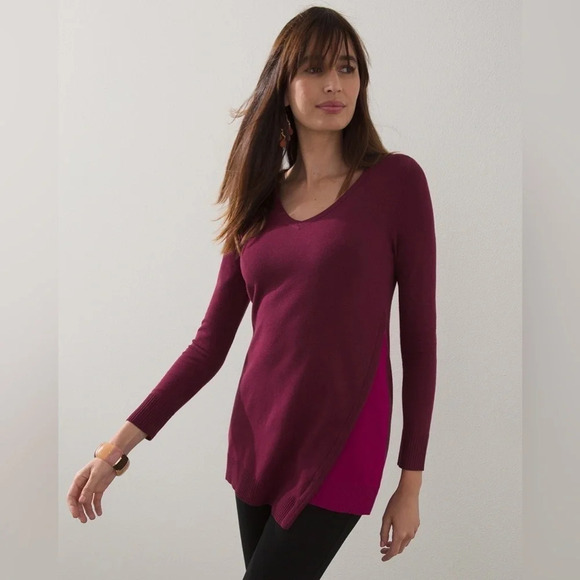 NWT Chico's Deep Chianti Colorblock Asymmetrical Tunic Sweater size 1= M - Picture 1 of 10